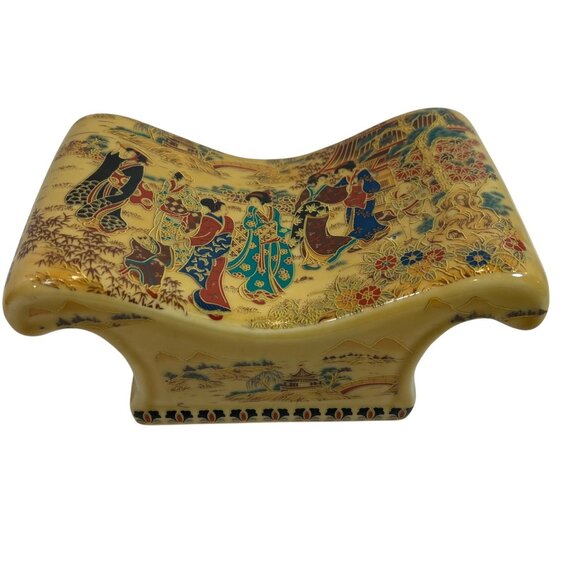 Japanese Ceramic Headrest Pillow With Hand-Painted Traditional Scene 8" x 4" - Picture 1 of 14